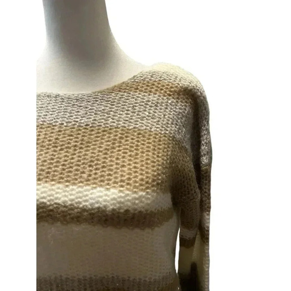 Cynthia Rowley Size M Sequin Accent Striped Tan White Knit Acrylic Blend Sweater - Picture 4 of 5